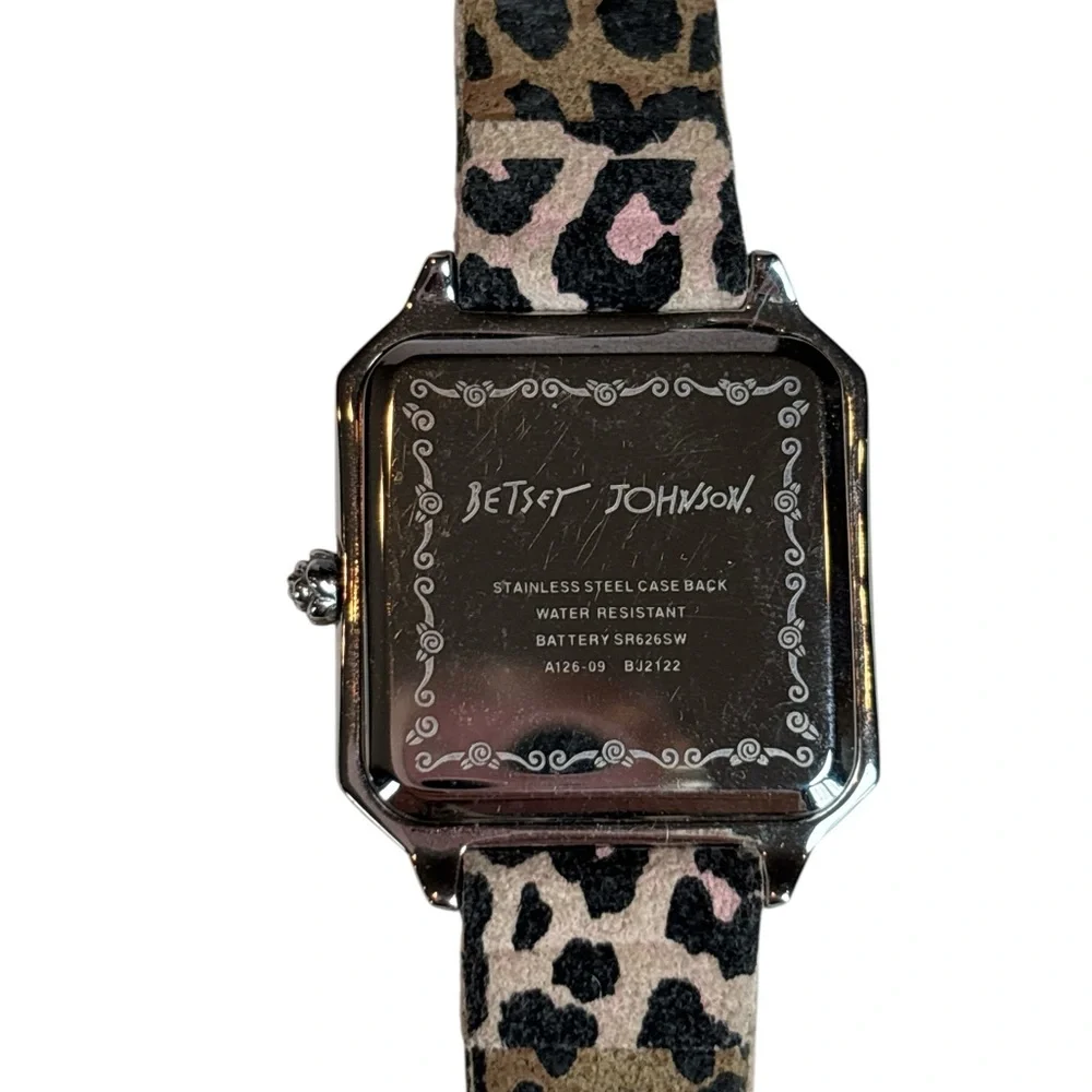 Betsey Johnson Leopard Print Watch | Crystal Bezel | Square Case | Hearts Dial